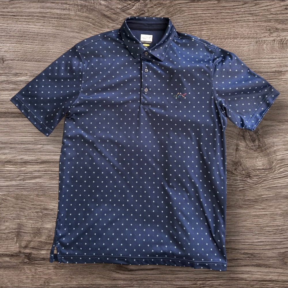 Greg Norman Play Dry Polo Shirt Size M Navy Blue Shark Logo Golf Shirt